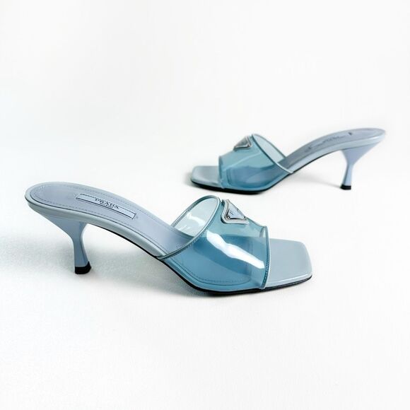PRADA Blue Ciabatte Triangle Logo Slide Sandal Heels Size 37 Mule Clear PVC - Picture 3 of 13